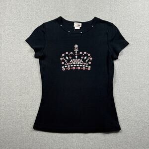 y2k Basic Ink Baby Tee Womens L Black Red Glitter Crown Gems Bedazzled Retro 00s